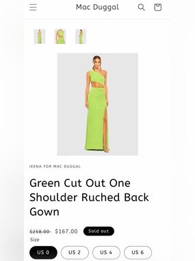 NEW Mac Duggal Lime Green One-Shoulder Cutout Ruched Gown